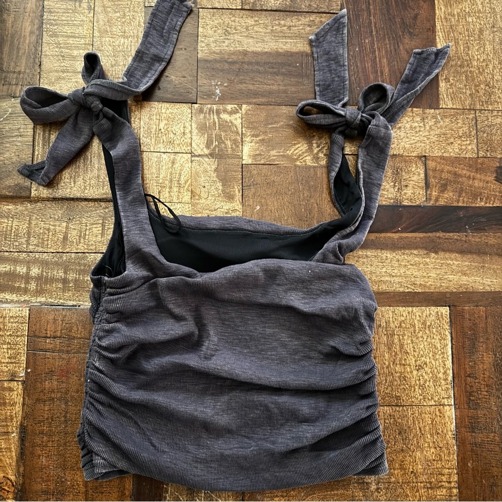 Free People‎ Boulevard Tank Top Ribbed Crop Shoulder Tie Gray black Sz M - Picture 5 of 8
